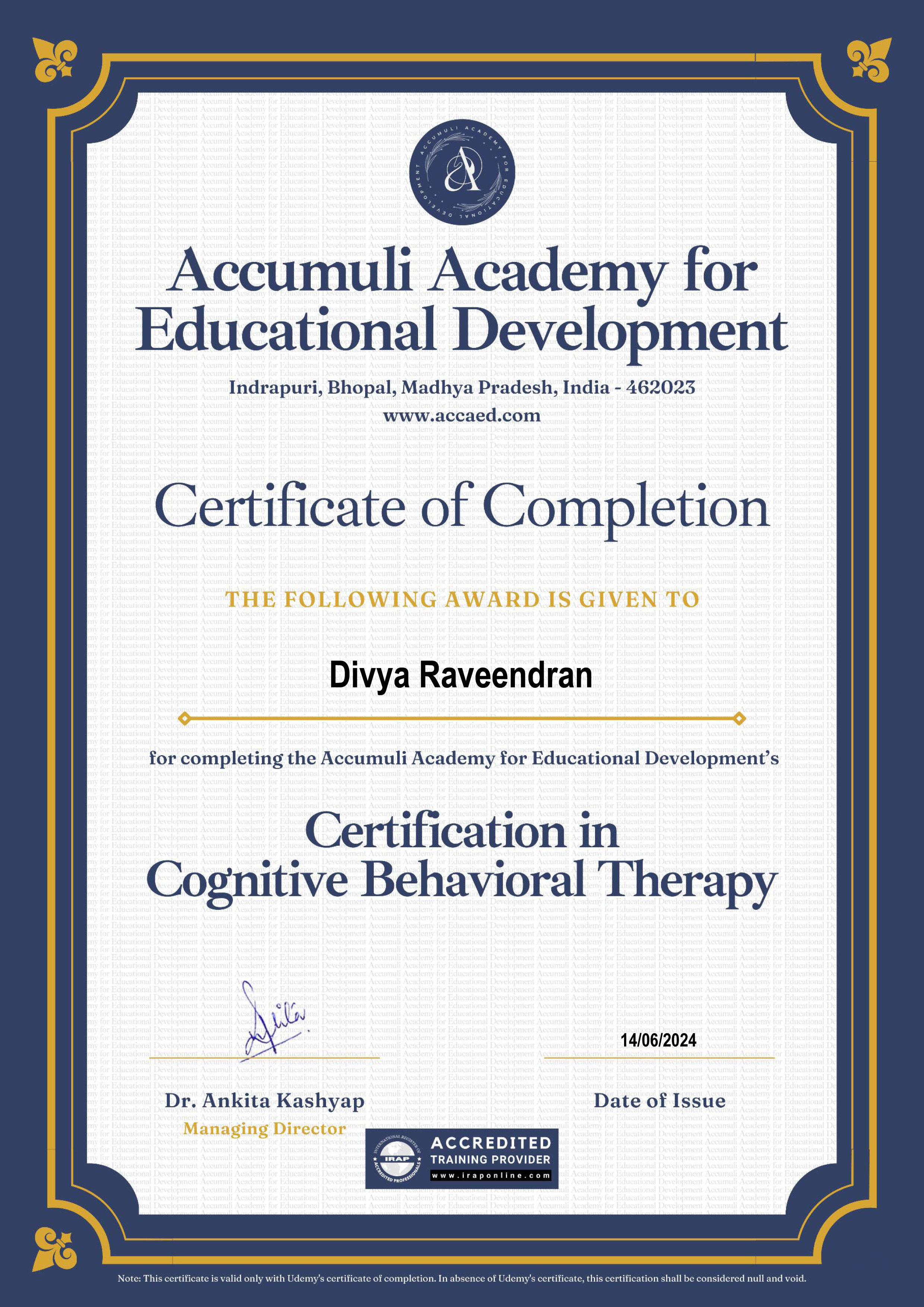 Certification in Cognitive Behavior Therapy (CBT)